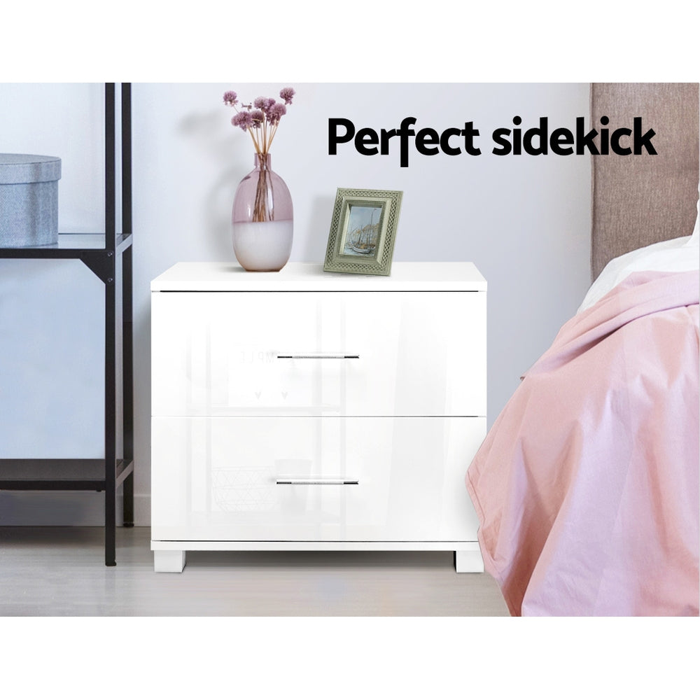 Bedside Table 2 Drawers High Gloss - White