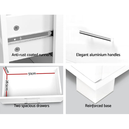 Bedside Table 2 Drawers High Gloss - White