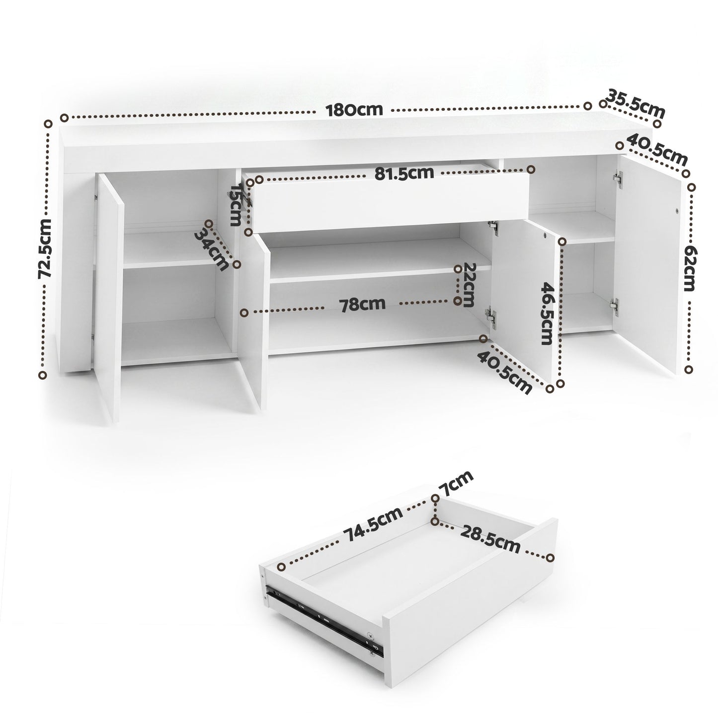 180cm Buffet Sideboard Cabinet White Storage | HomeAndLiving - 4