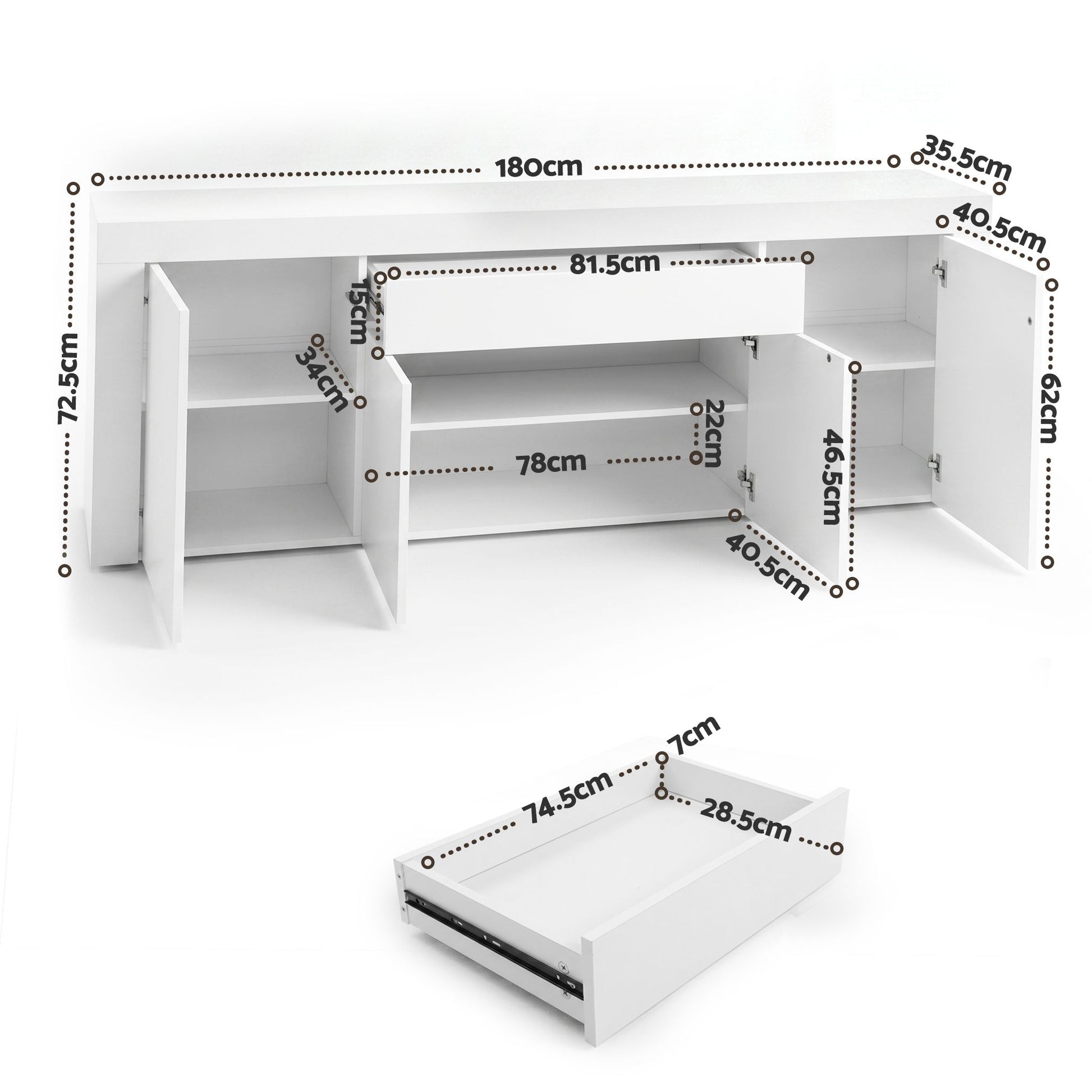 180cm Buffet Sideboard Cabinet White Storage | HomeAndLiving - 4