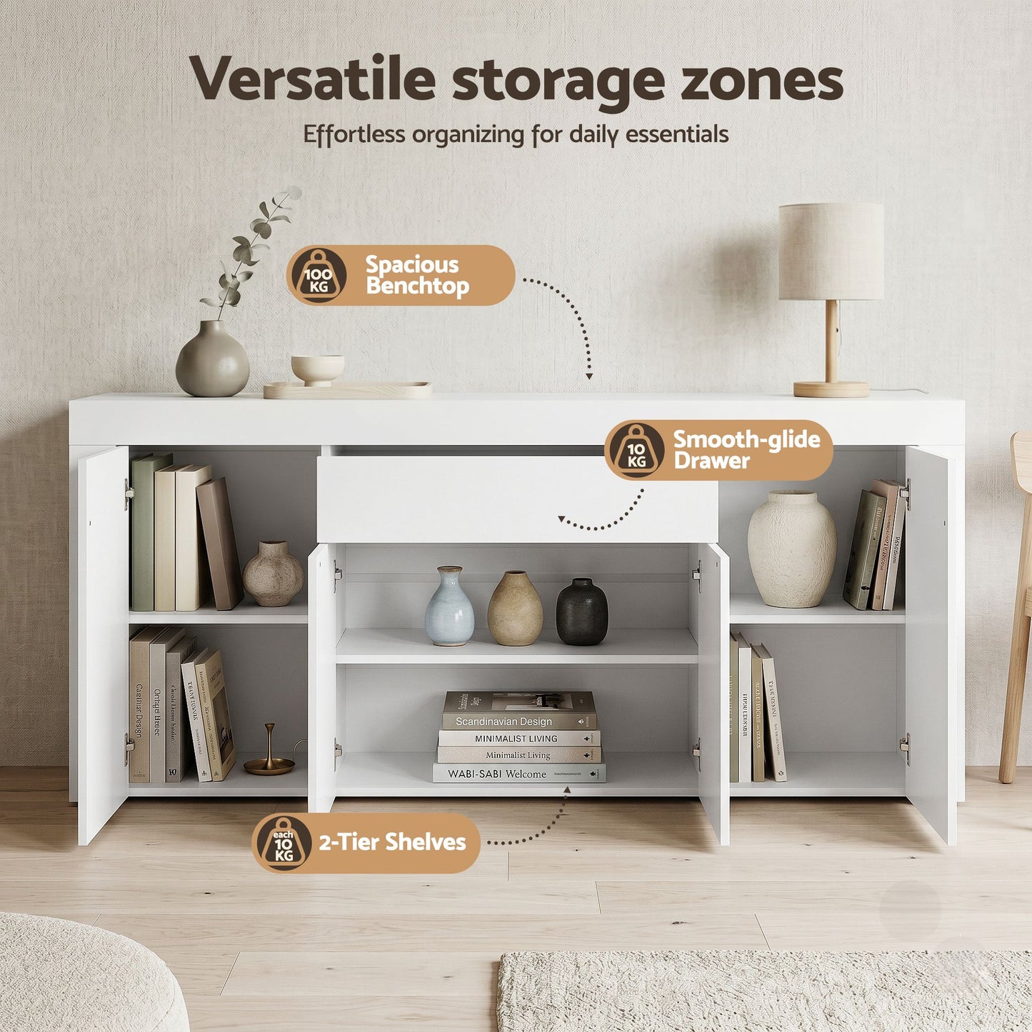 180cm Buffet Sideboard Cabinet White Storage | HomeAndLiving - 6