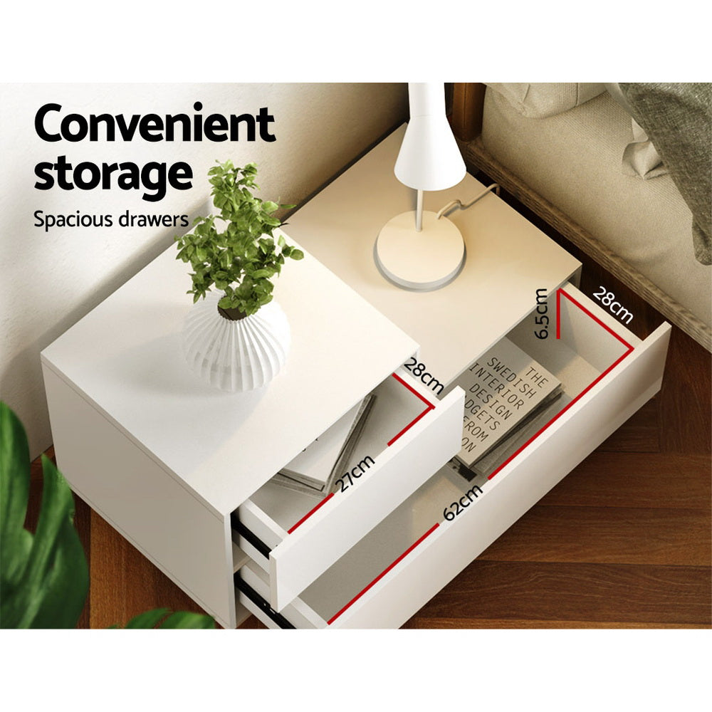 Bedside Tables Led 2 Drawers - Remi White