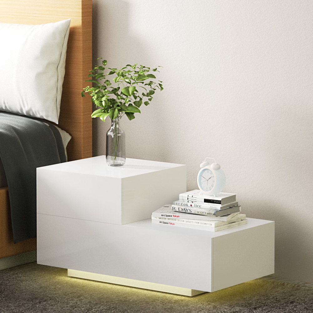 Bedside Tables Led 2 Drawers - Remi White