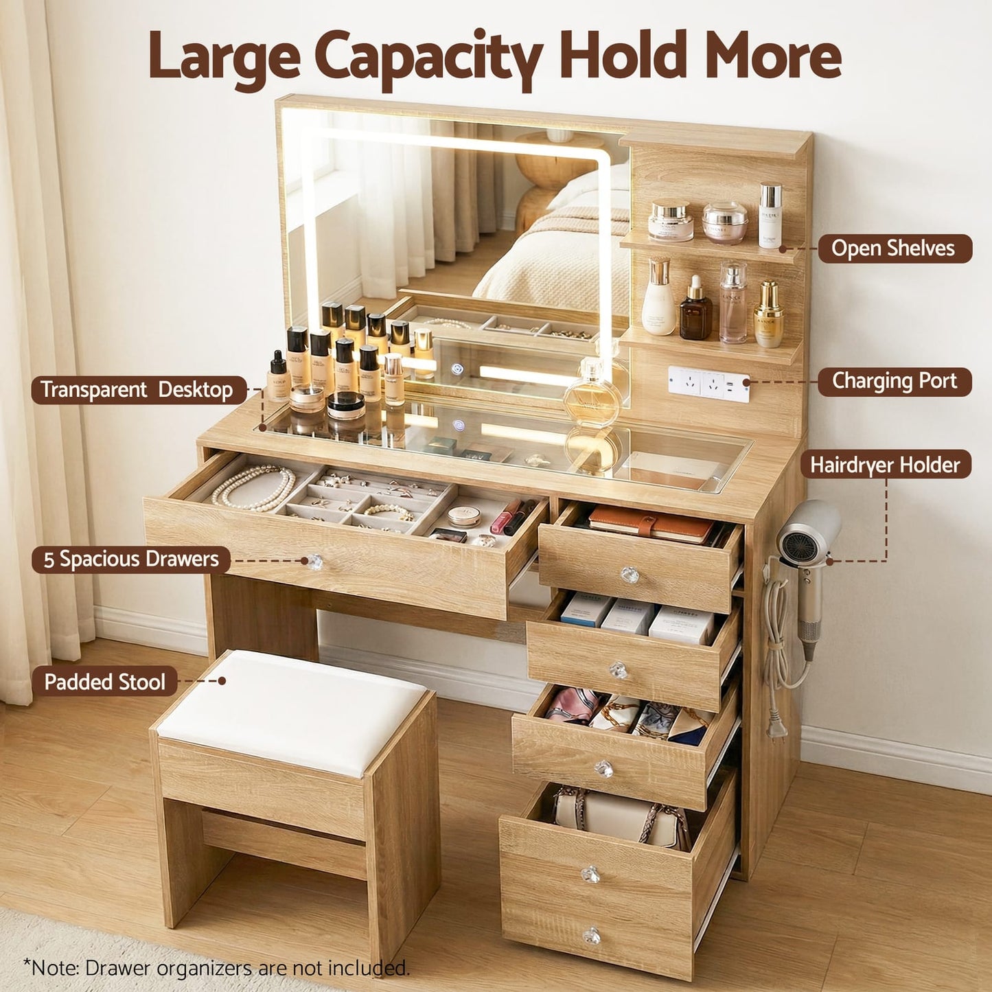 Vanity Desk Set With Stool 104x43x140cm