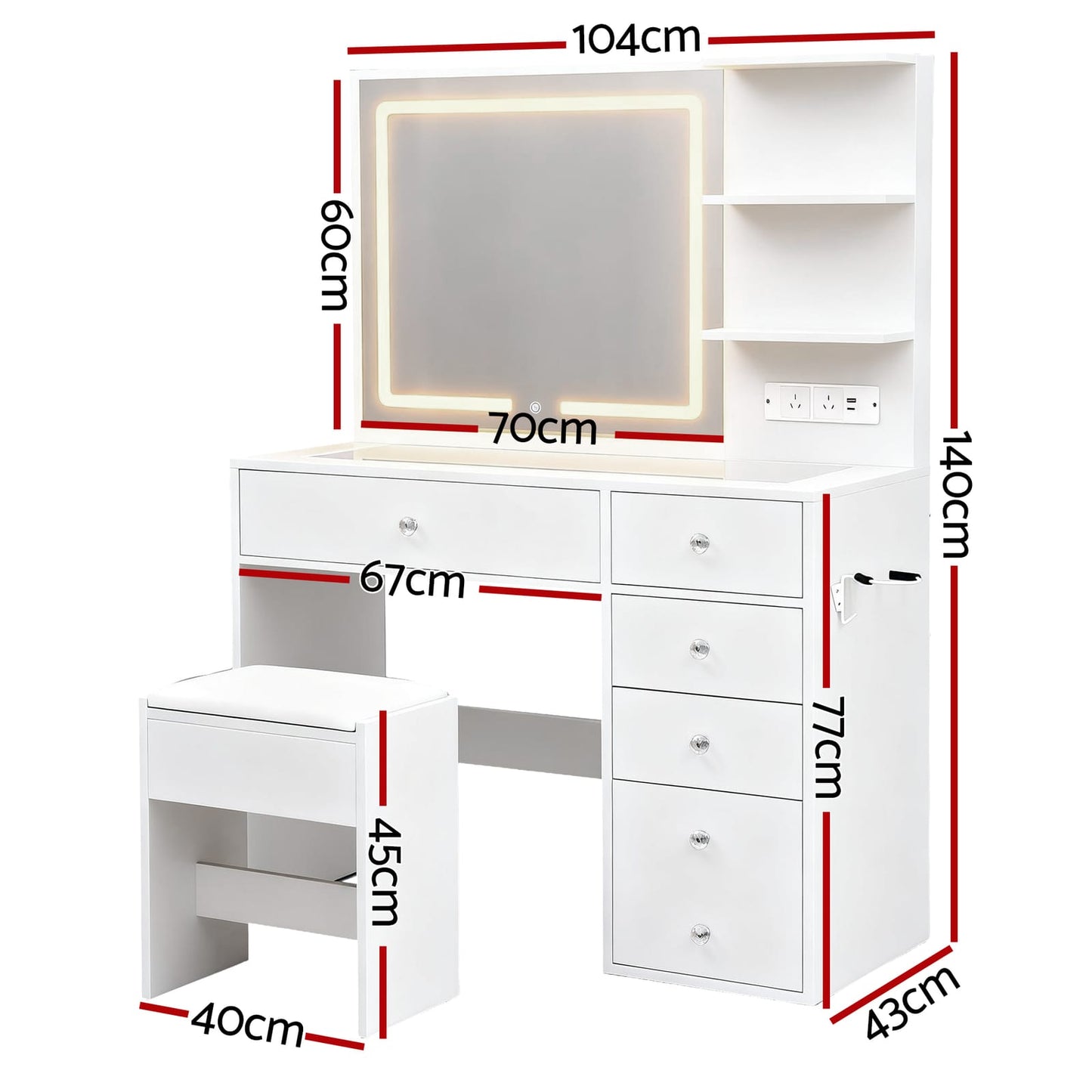 Dressing Table With LED Vanity 104x43x140cm