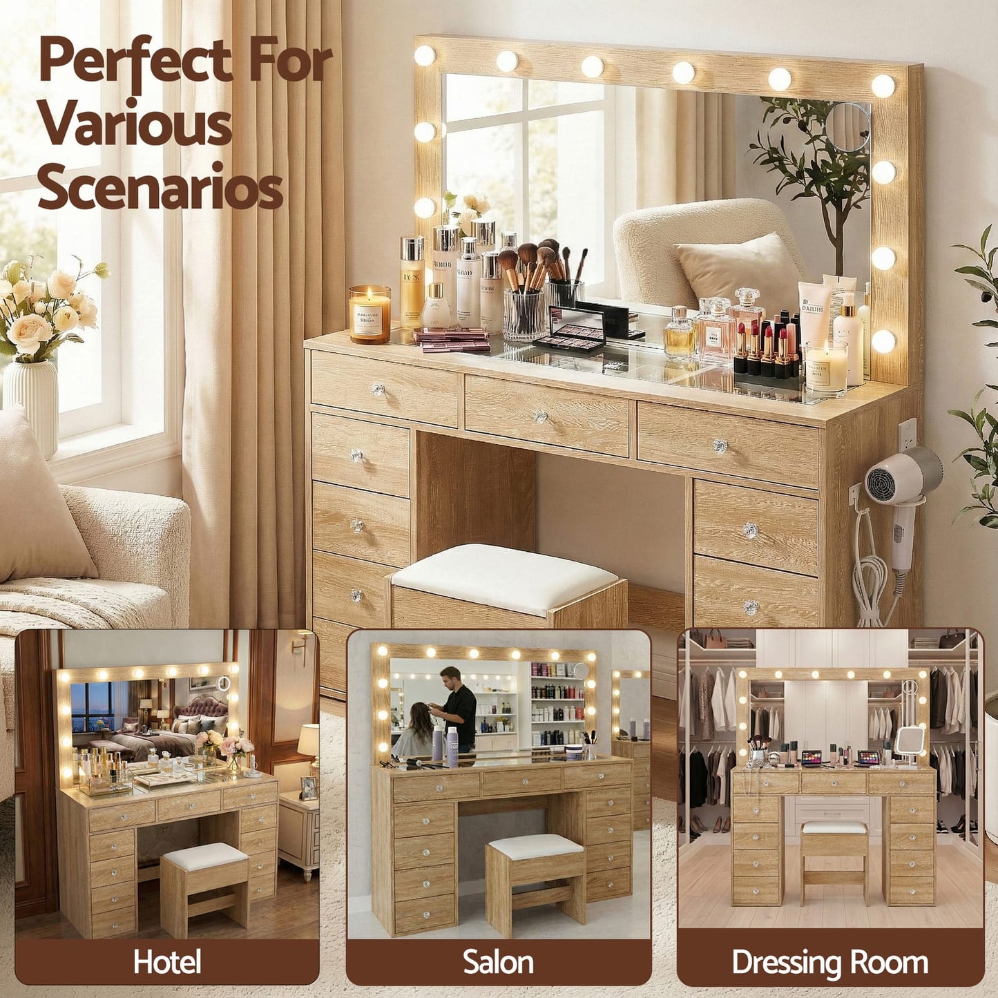 Vanity Desk Set With Stool 120x35x142cm