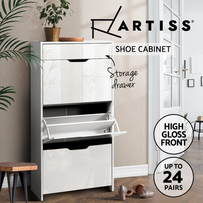 Sleek White Shoe Rack Cabinet - 24 Pairs