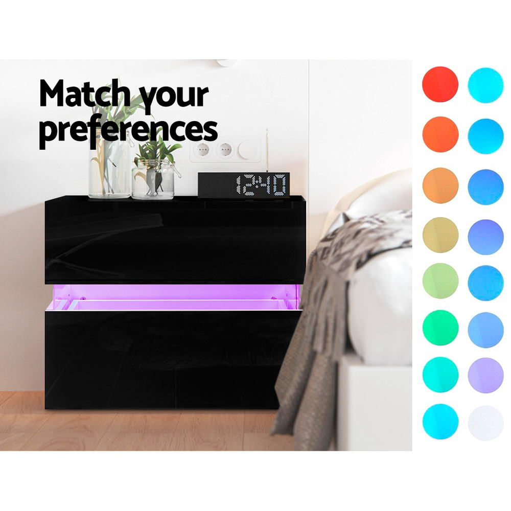Bedside Table Led 2 Drawers - Lumi Black