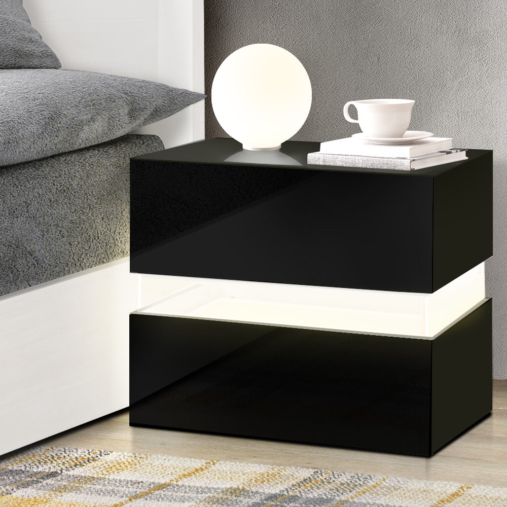 Bedside Table Led 2 Drawers - Lumi Black
