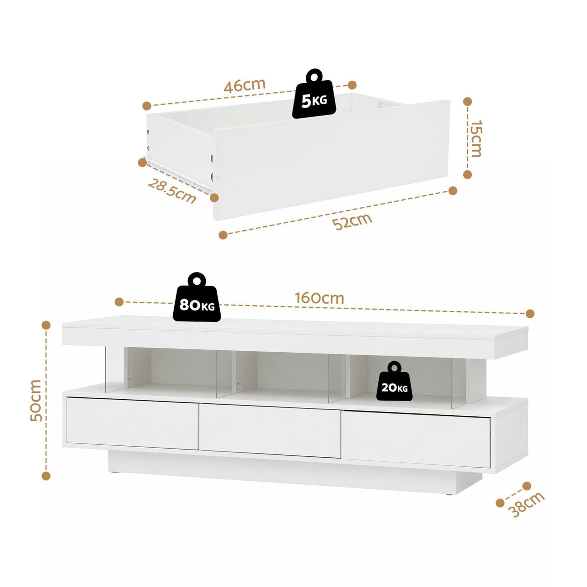 White 160cm TV Unit Storage 160x38x50cm