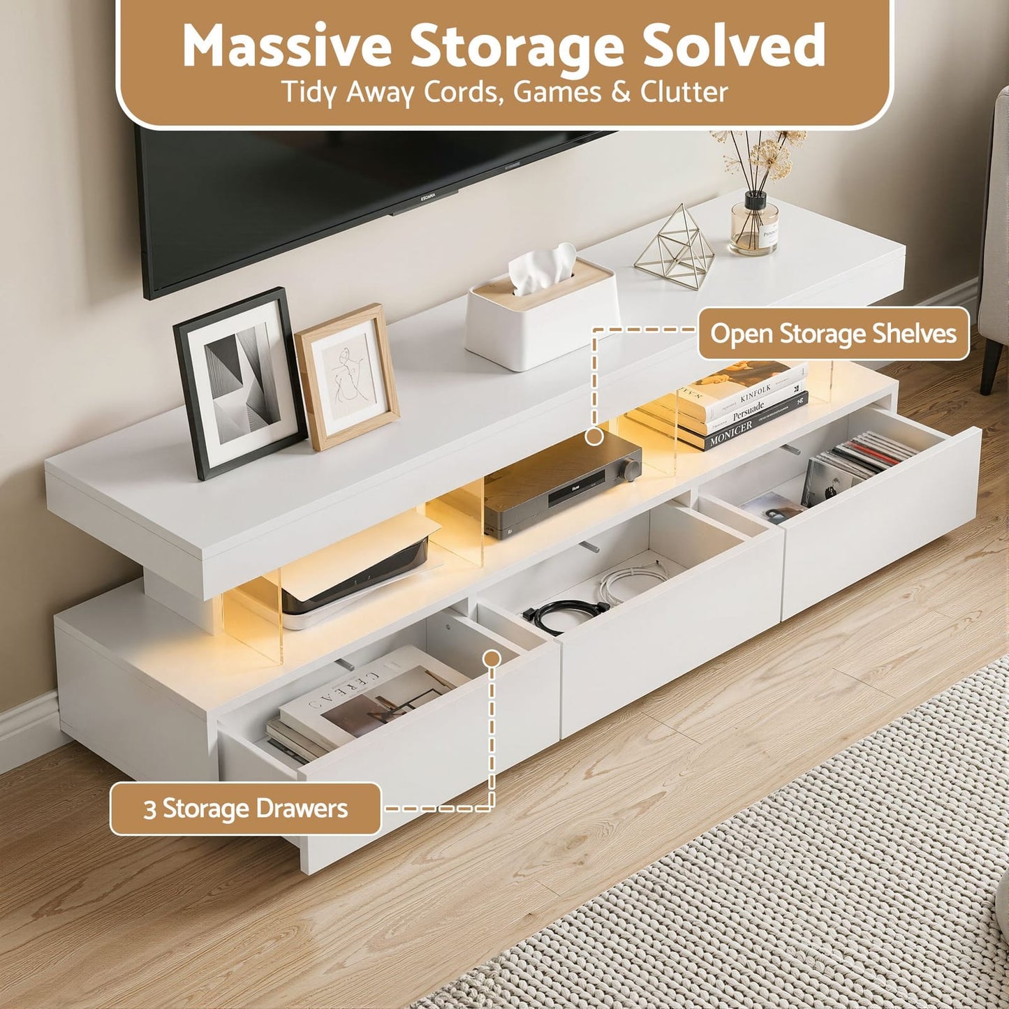White 160cm TV Unit Storage 160x38x50cm