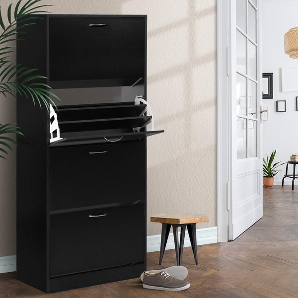  Shoe Rack Cabinet 60 Pairs 4 Doors - Black