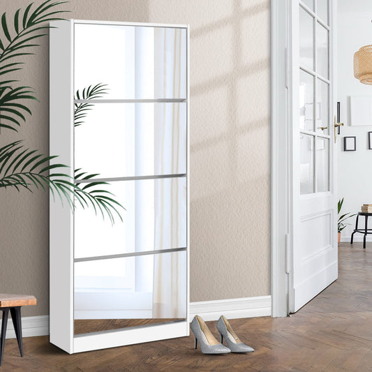Sleek White Shoe Rack Cabinet with Mirror - 60 Pairs