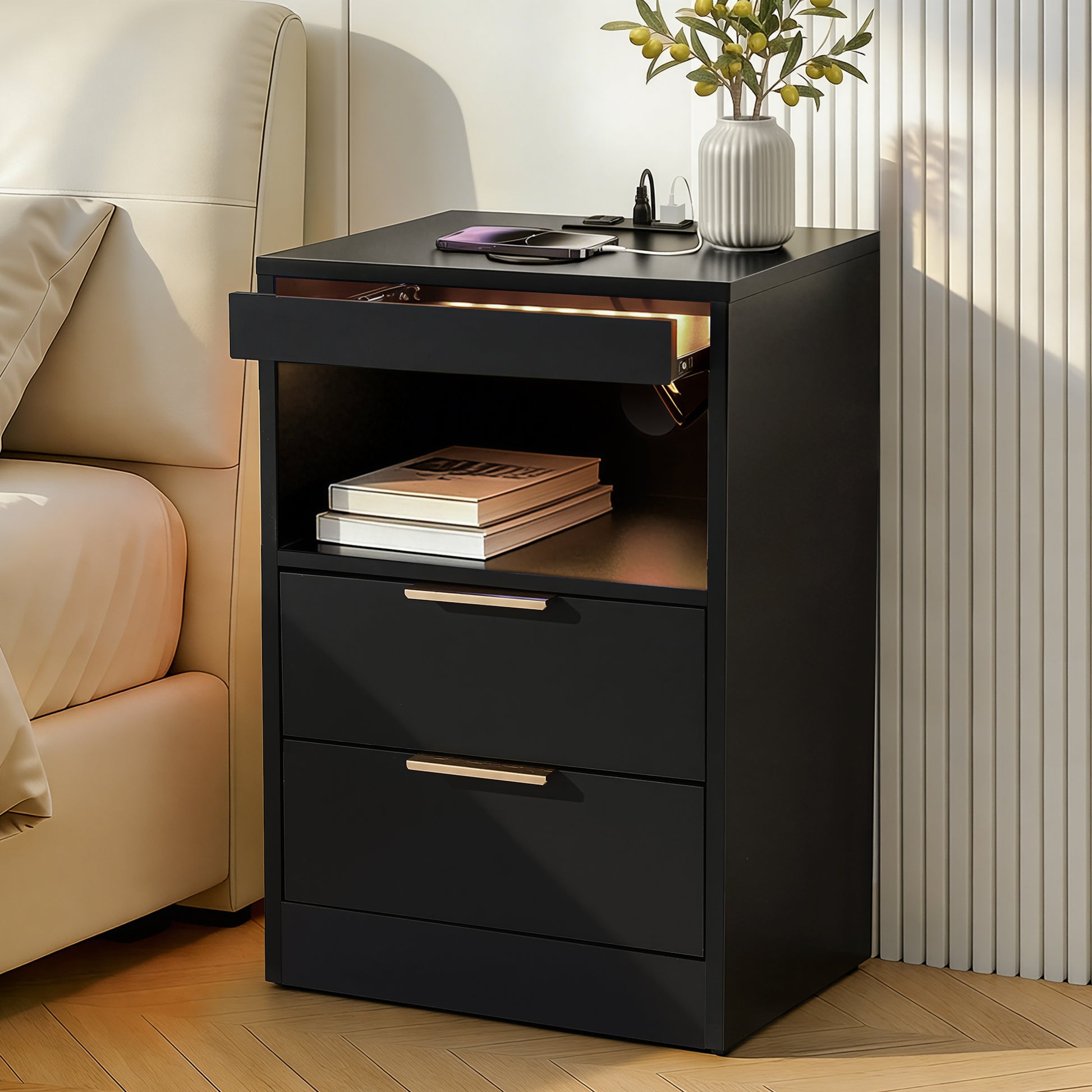 LED Bedside Table Charging Station 2 Drawers | HomeAndLiving