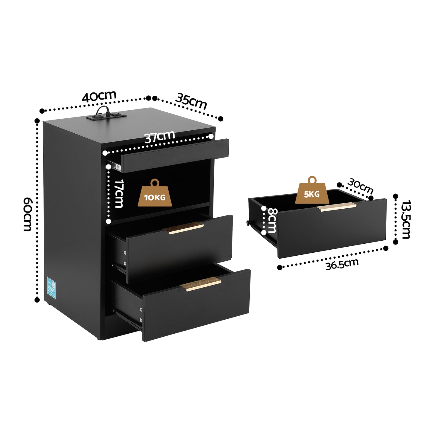 LED Bedside Table Charging Station 2 Drawers | HomeAndLiving