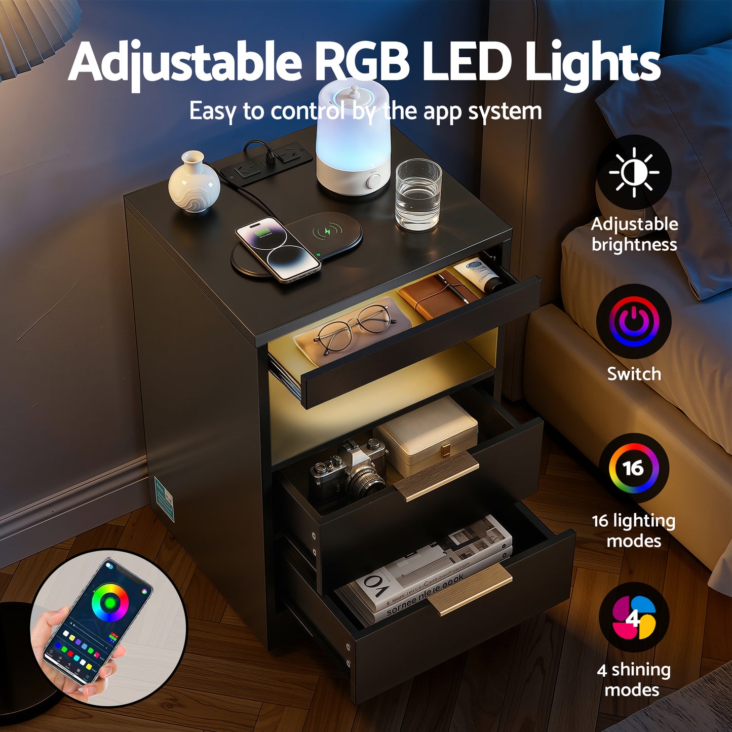 LED Bedside Table Charging Station 2 Drawers | HomeAndLiving
