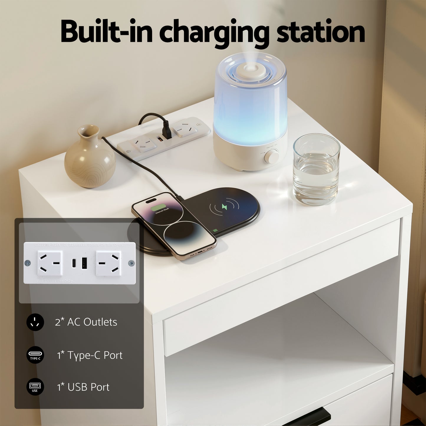 LED Bedside Table Charging Station 2 Drawers | HomeAndLiving