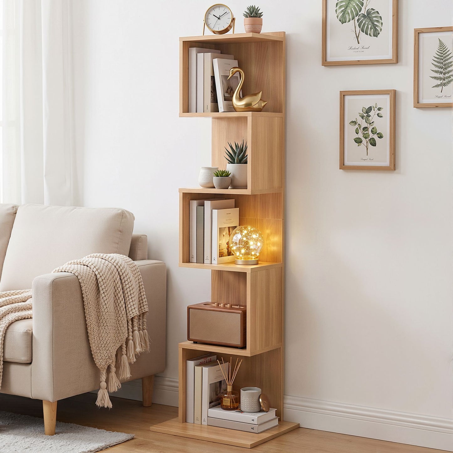 5 Tier S-Shaped Bookcase Oak Bookshelf | HomeAndLiving