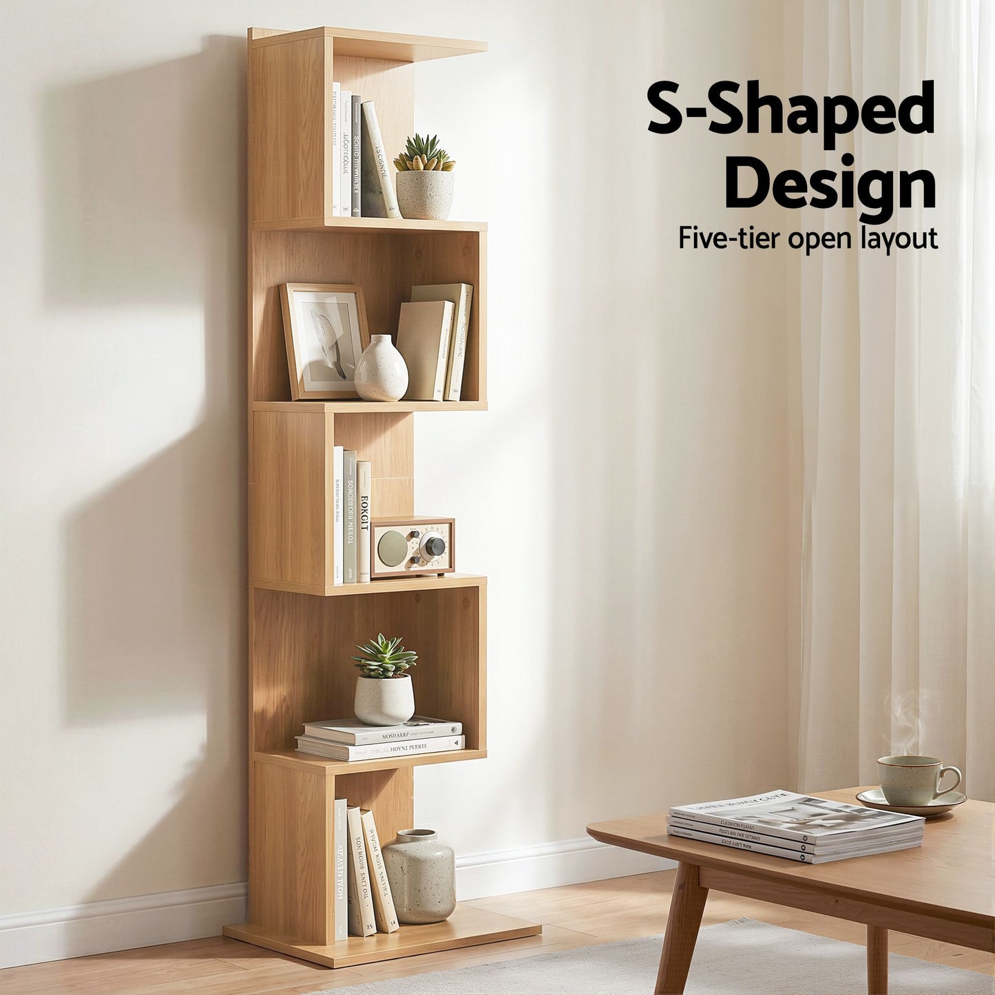 5 Tier S-Shaped Bookcase Oak Bookshelf | HomeAndLiving - 6