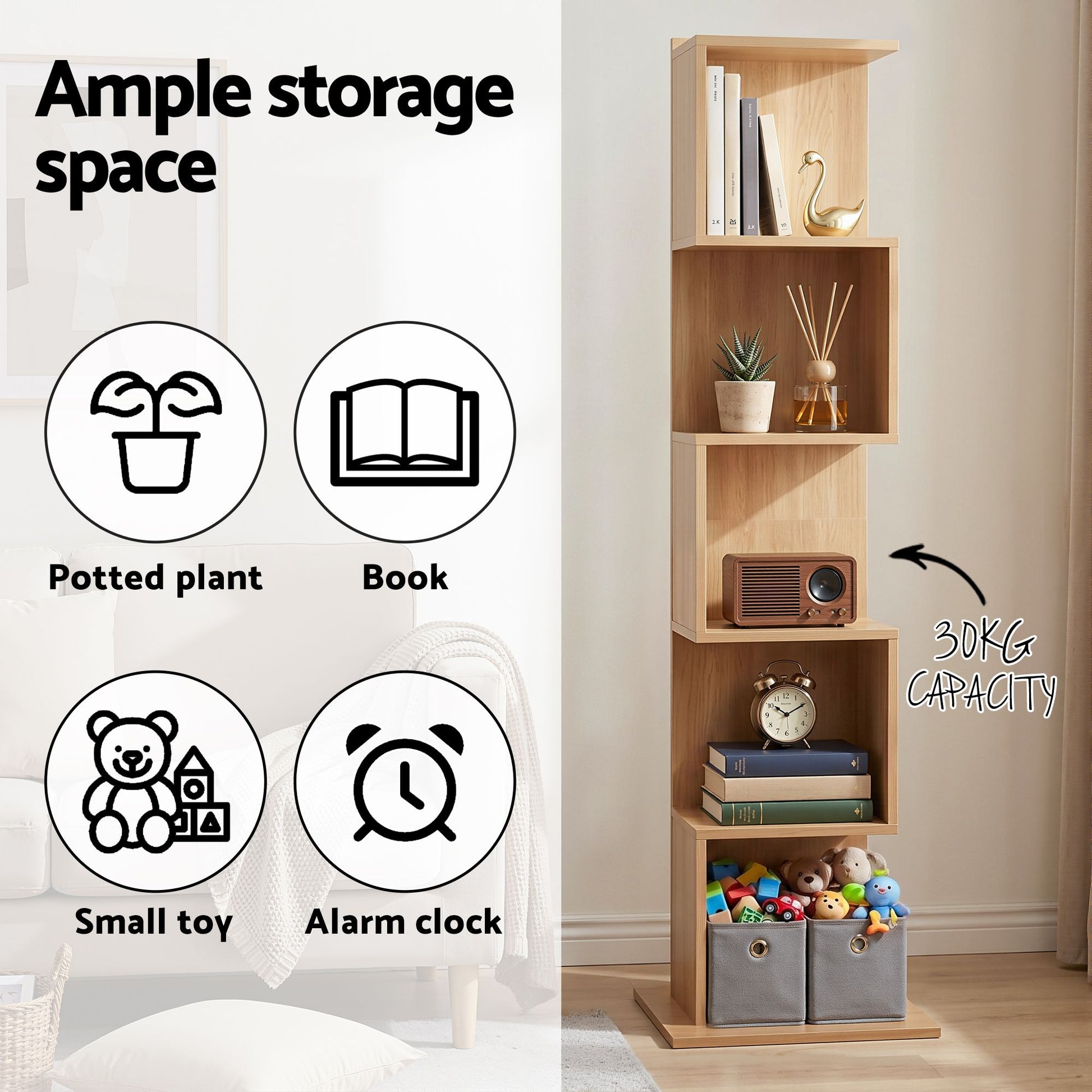 5 Tier S-Shaped Bookcase Oak Bookshelf | HomeAndLiving - 7