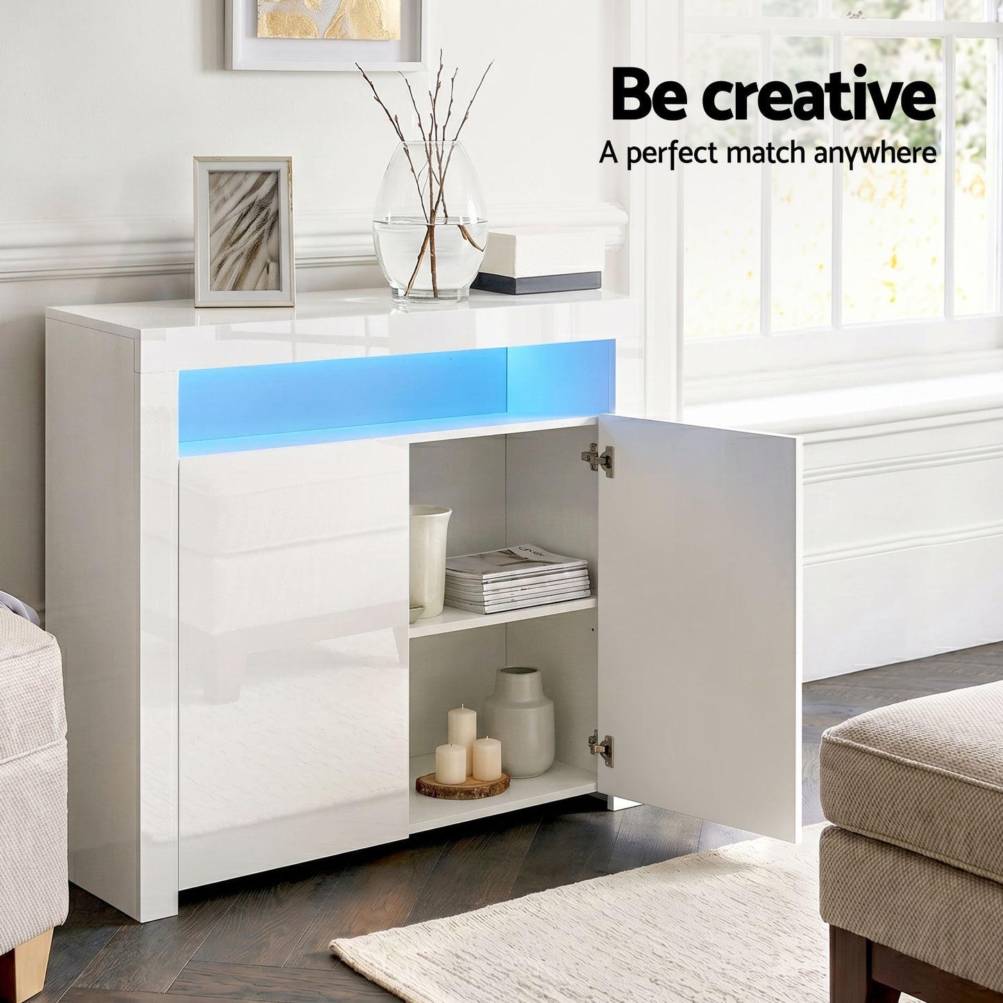 LED Buffet Sideboard Cabinet High-Gloss Set 2 | HomeAndLiving