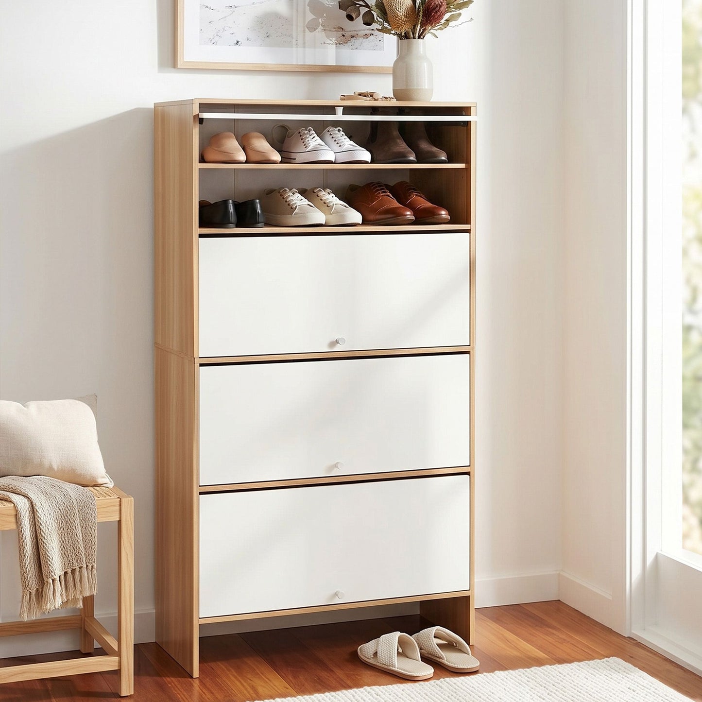 Narrow Shoe Cabinet Flip-Up Door White Pine | HomeAndLiving