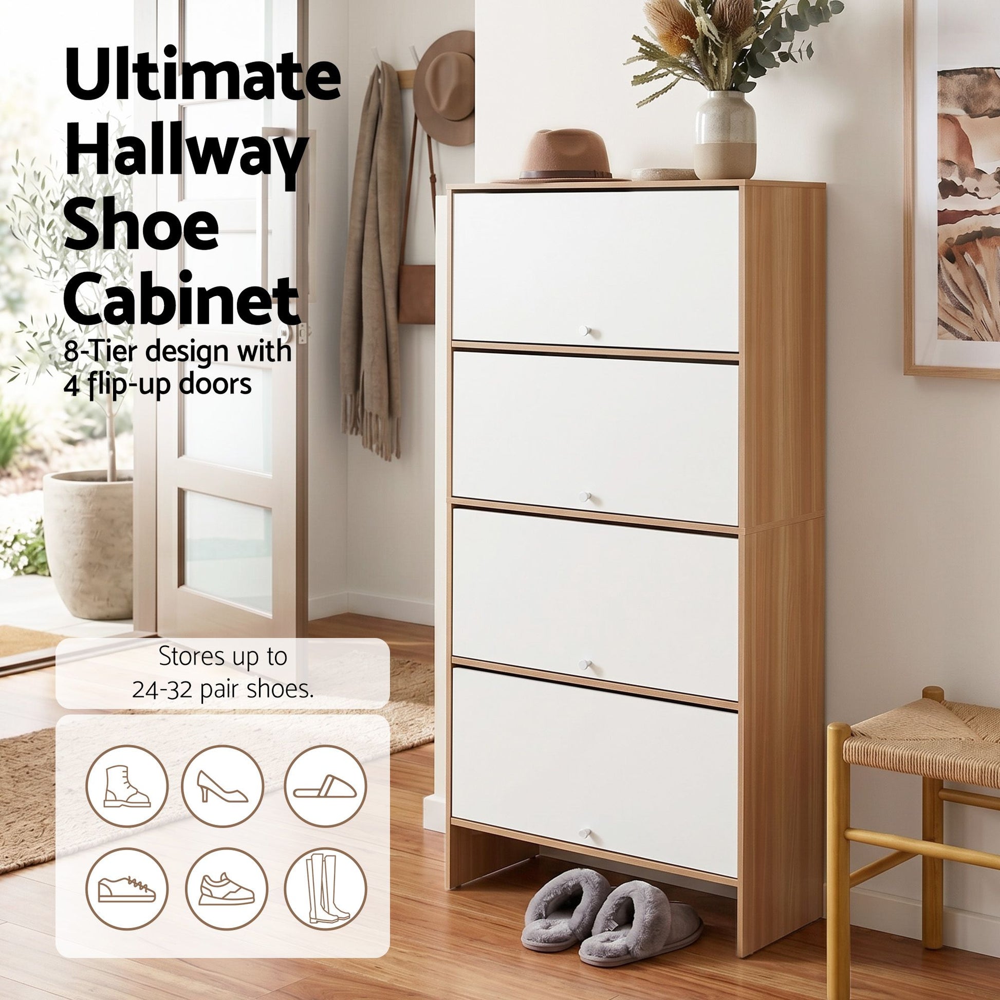 Narrow Shoe Cabinet Flip-Up Door White Pine | HomeAndLiving - 6