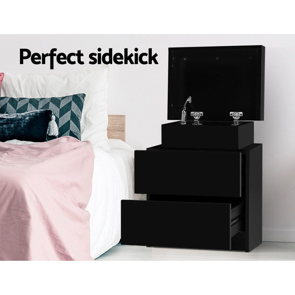 Bedside Table 2 Drawers Lift-Up Storage - Coley Black