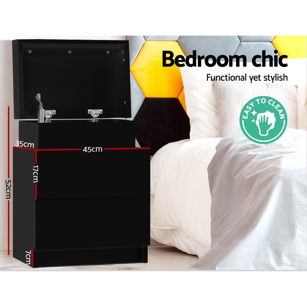 Bedside Table 2 Drawers Lift-Up Storage - Coley Black