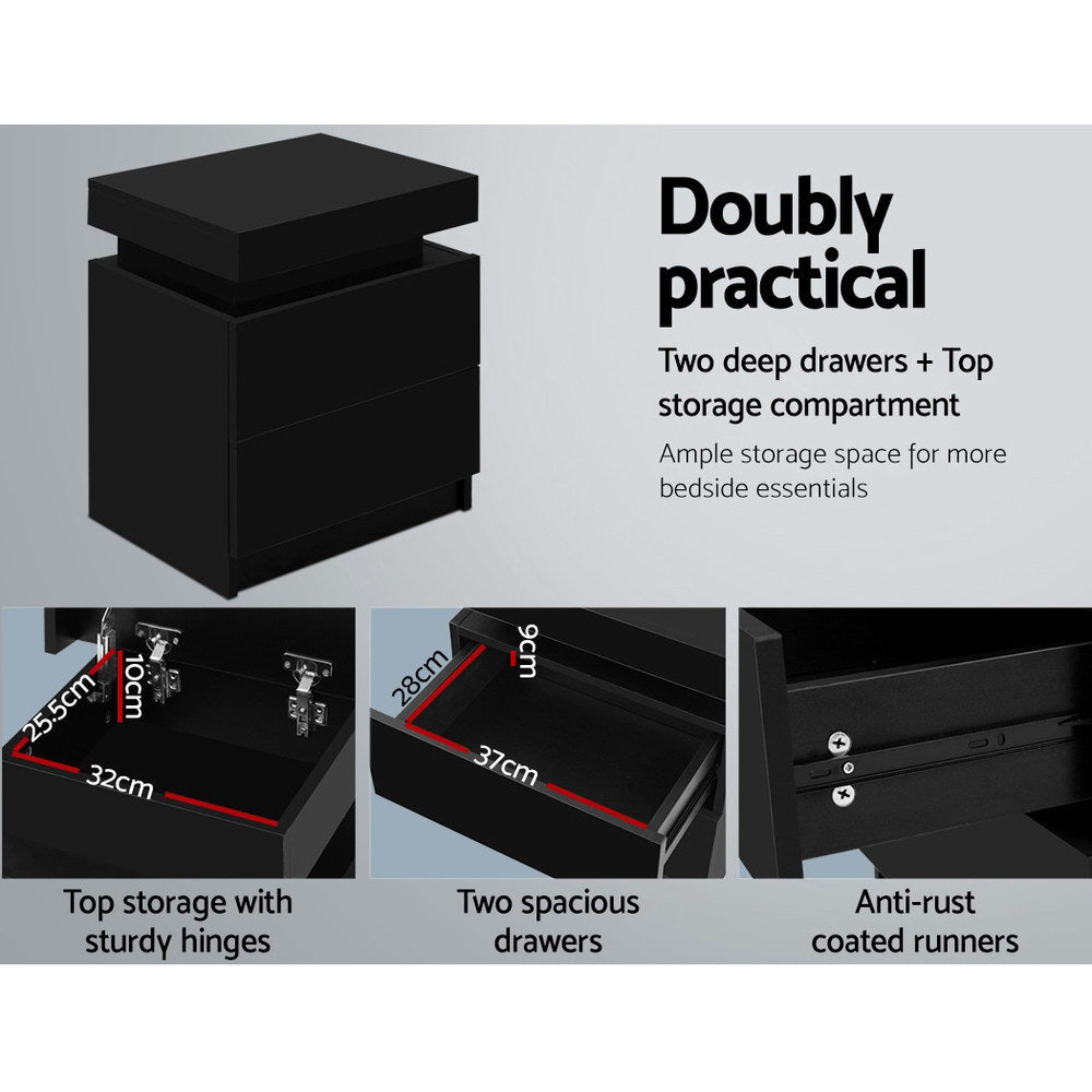 Bedside Table 2 Drawers Lift-Up Storage - Coley Black