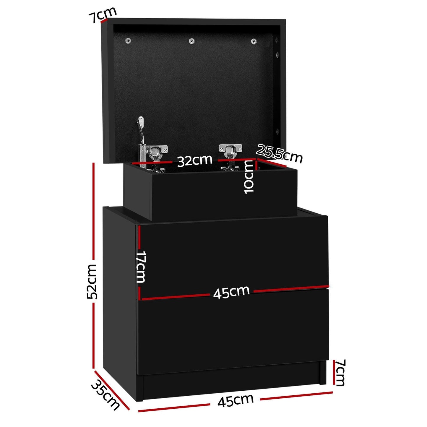 Black bedside table 45x35x52cm, side view