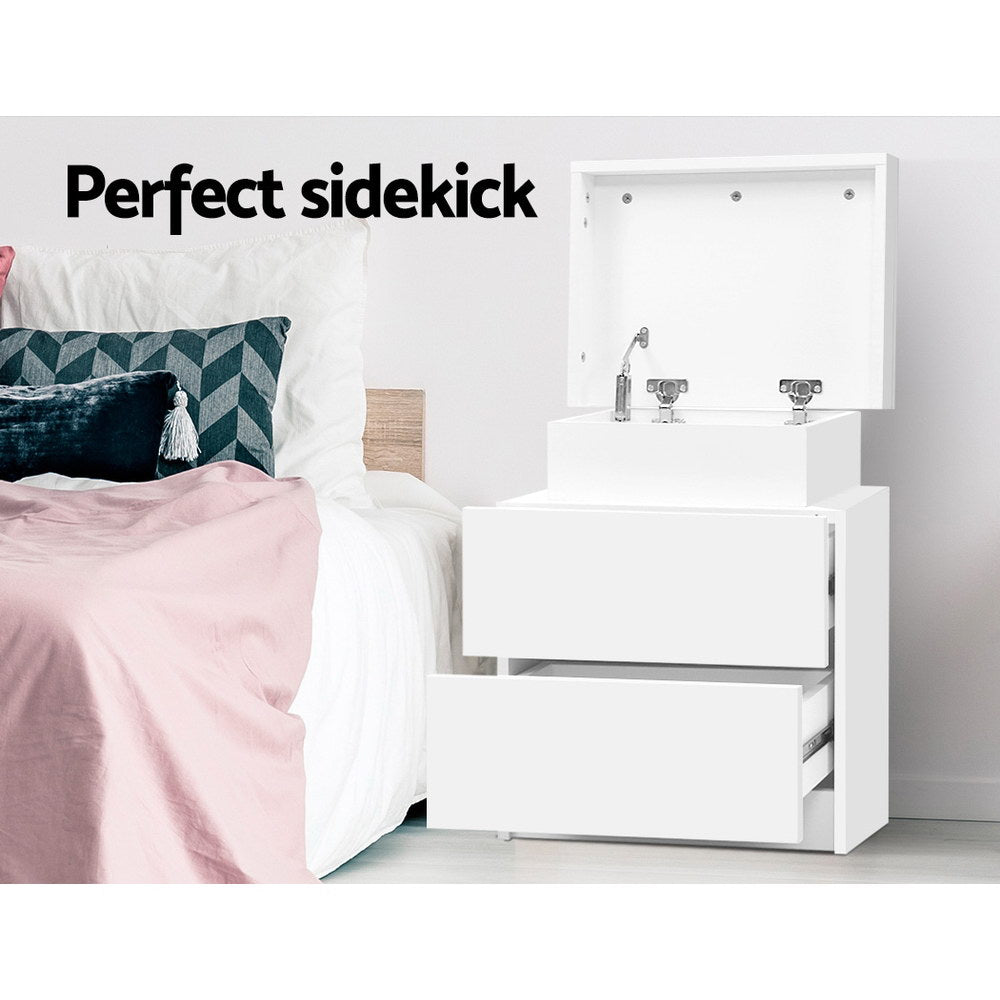 Bedside Table 2 Drawers Lift-Up Storage - Coley White