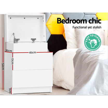 Bedside Table 2 Drawers Lift-Up Storage - Coley White