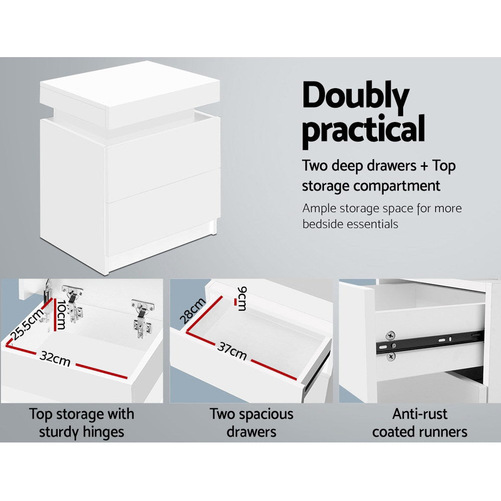 Bedside Table 2 Drawers Lift-Up Storage - Coley White