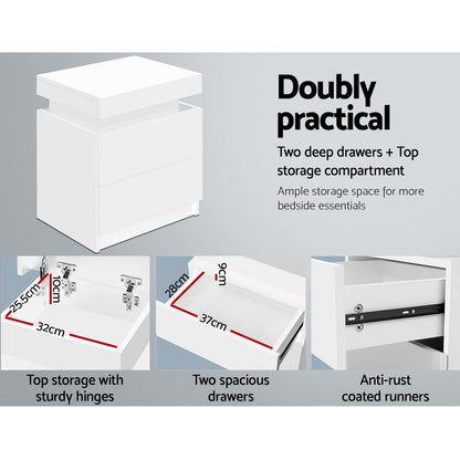 Bedside Table 2 Drawers Lift-Up Storage - Coley White