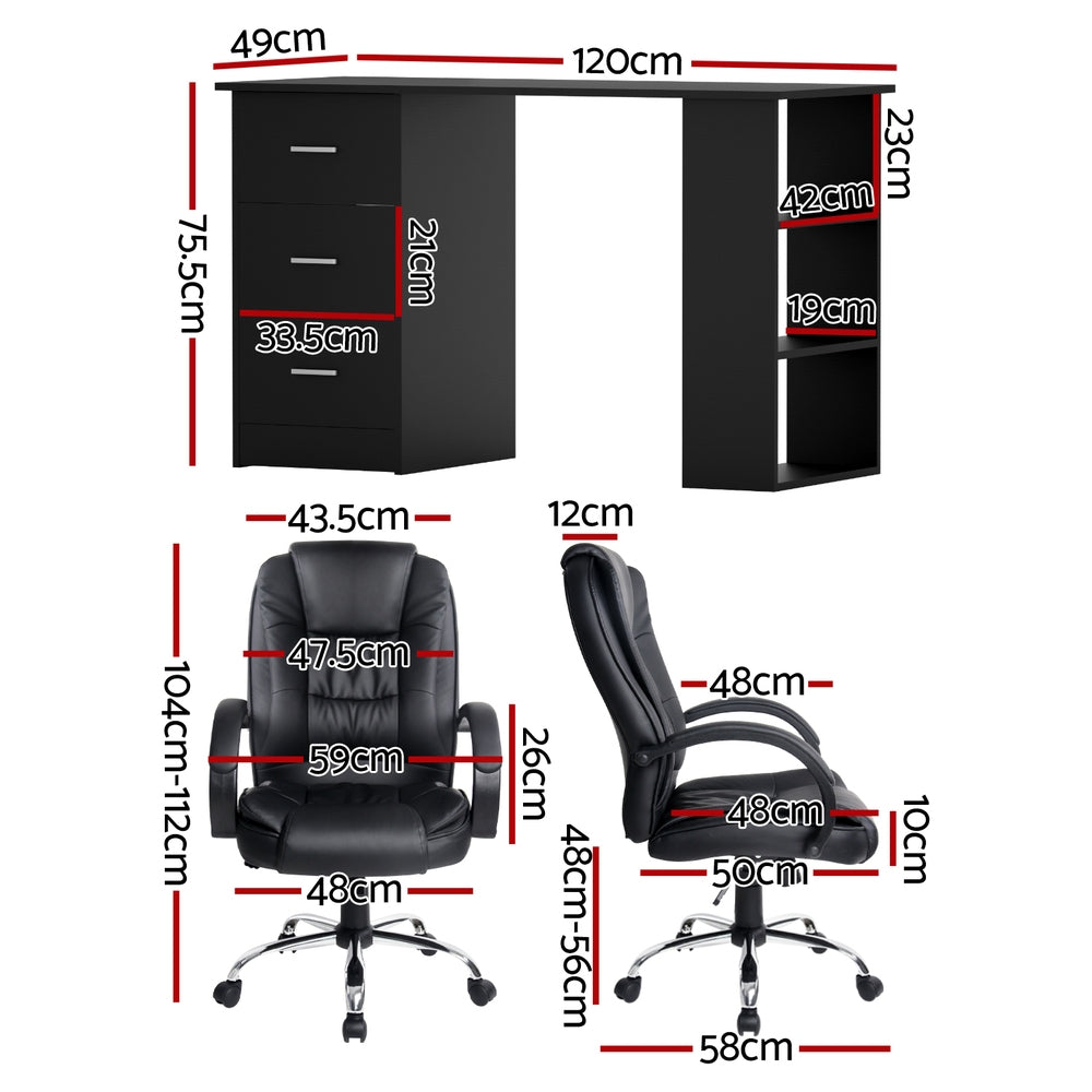 Computer Desk 120cm Executive Office Chair Set PU Leather High Back White