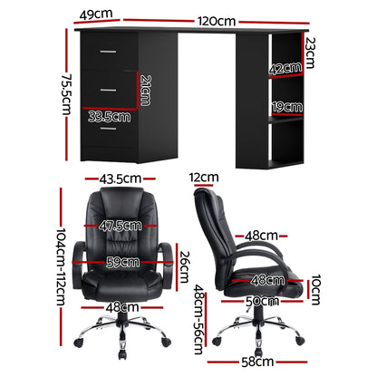 Computer Desk 120cm Executive Office Chair Set PU Leather High Back White