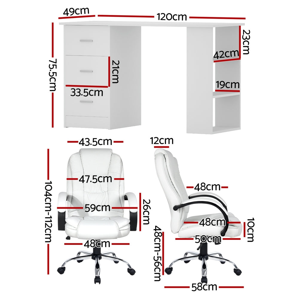 Computer Desk 120cm Executive Office Chair Set PU Leather High Back Black