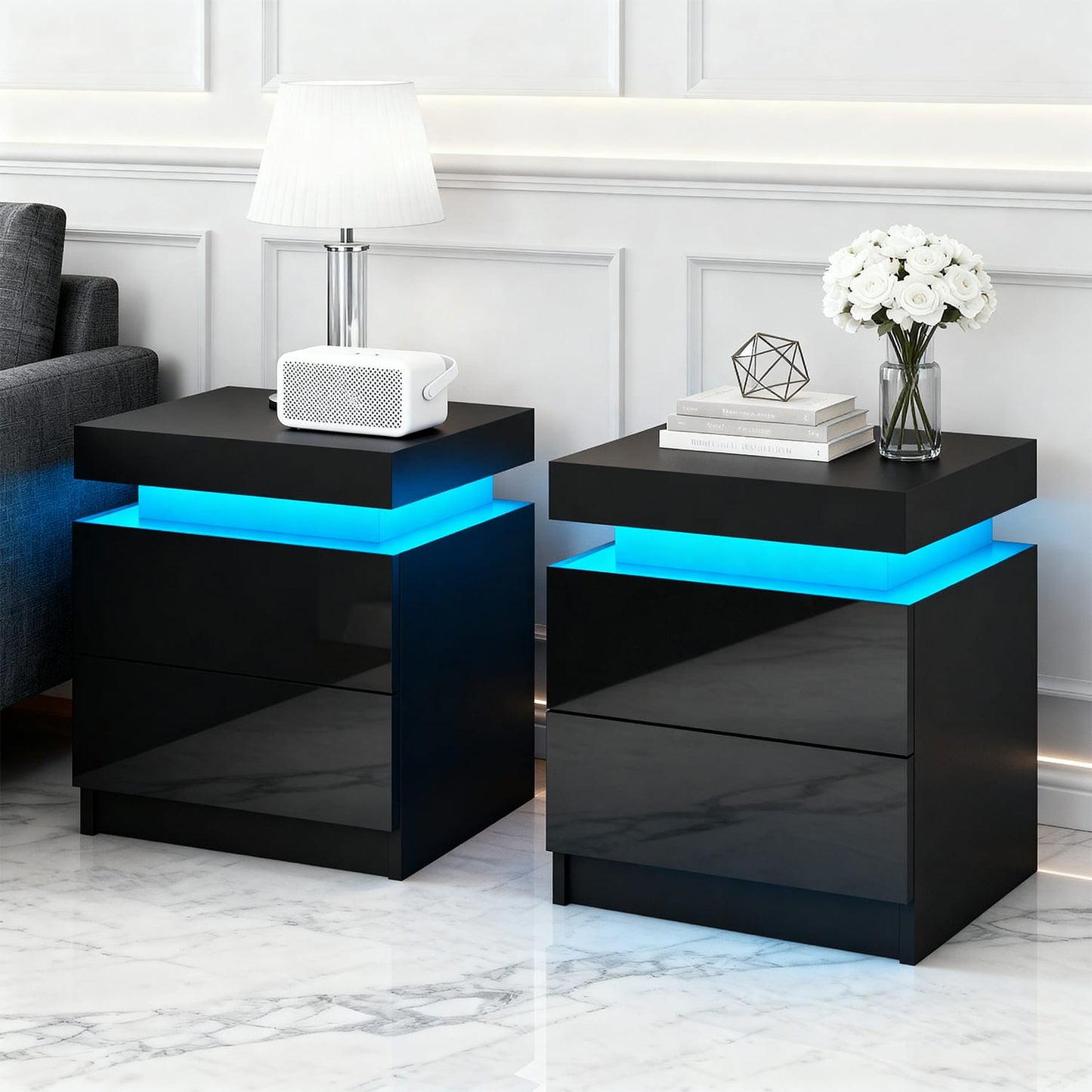 Bedside Table LED Storage Black 45x35x52.5cm