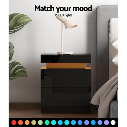 Bedside Table LED Storage Black 45x35x52.5cm