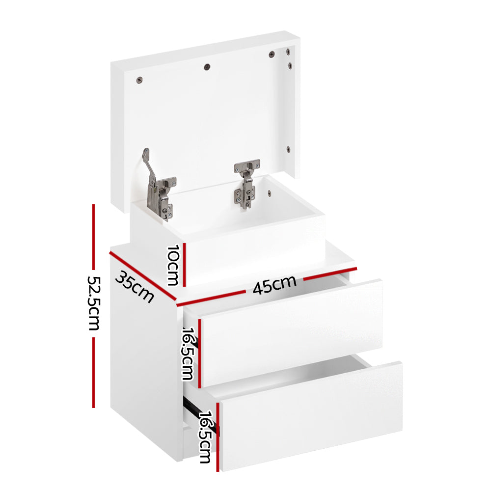 Bedside Table Led 2 Drawers Lift-Up Storage - Coley White