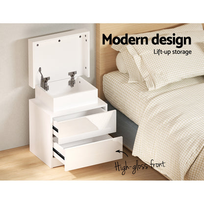 Bedside Table Led 2 Drawers Lift-Up Storage - Coley White