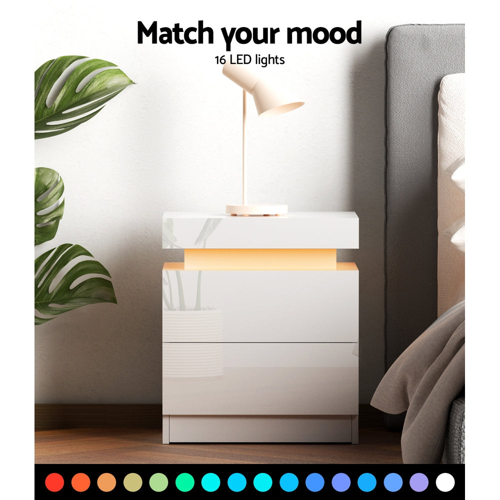 Bedside Table Led 2 Drawers Lift-Up Storage - Coley White