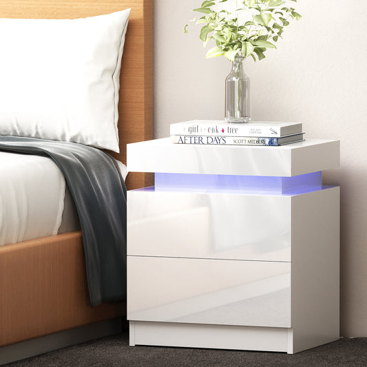 Bedside Table Led 2 Drawers Lift-Up Storage - Coley White