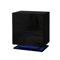 Bedside Table Led 3 Drawers - Mori Black