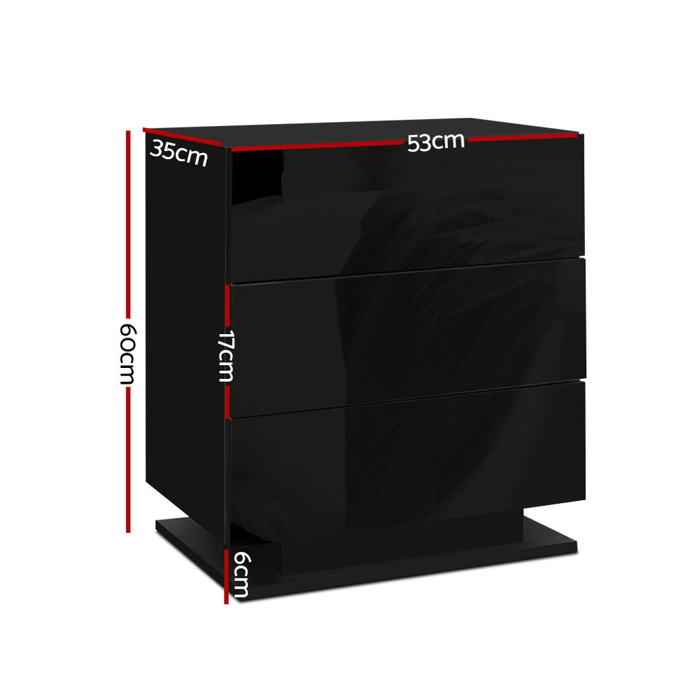 Bedside Table Led 3 Drawers - Mori Black