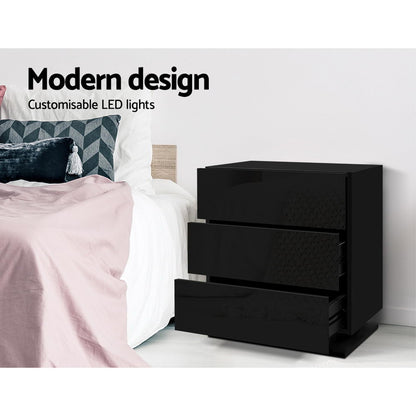 Bedside Table Led 3 Drawers - Mori Black