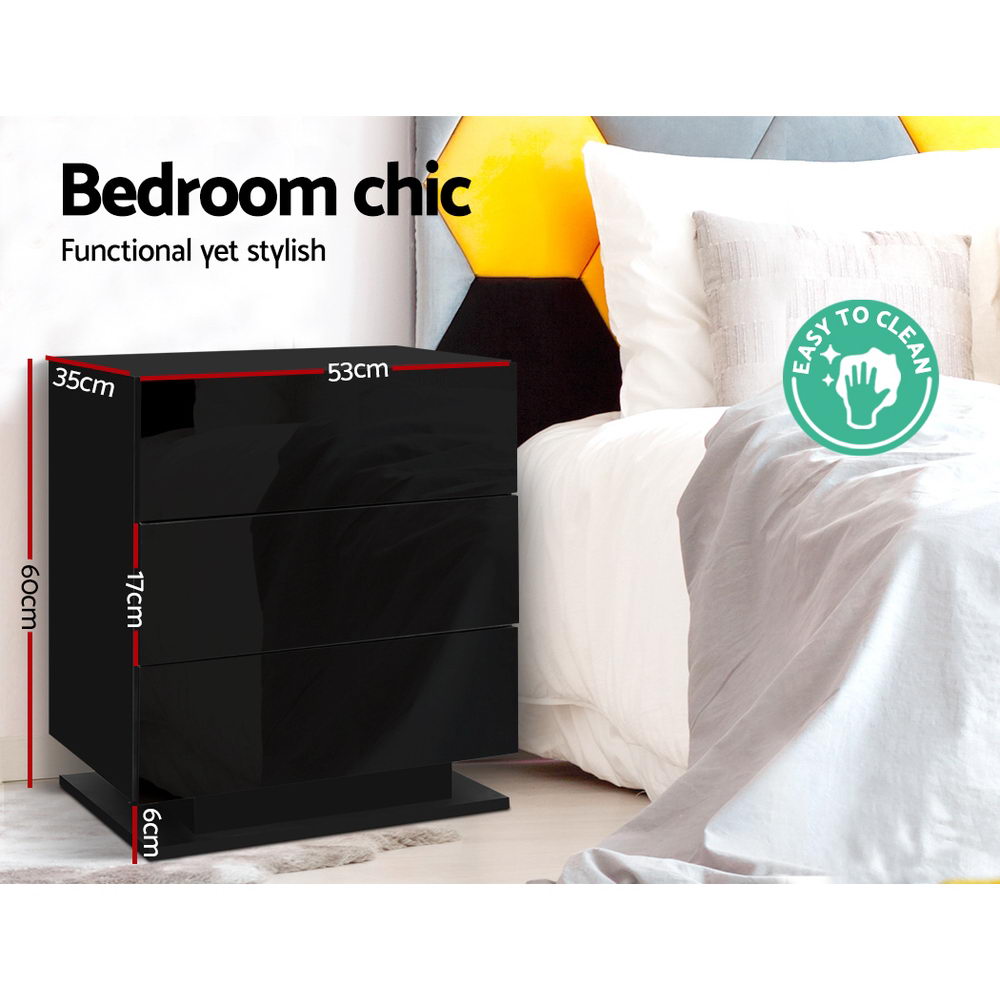 Bedside Table Led 3 Drawers - Mori Black
