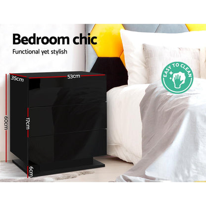 Bedside Table Led 3 Drawers - Mori Black