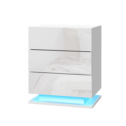 Bedside Table Led 3 Drawers - Mori White